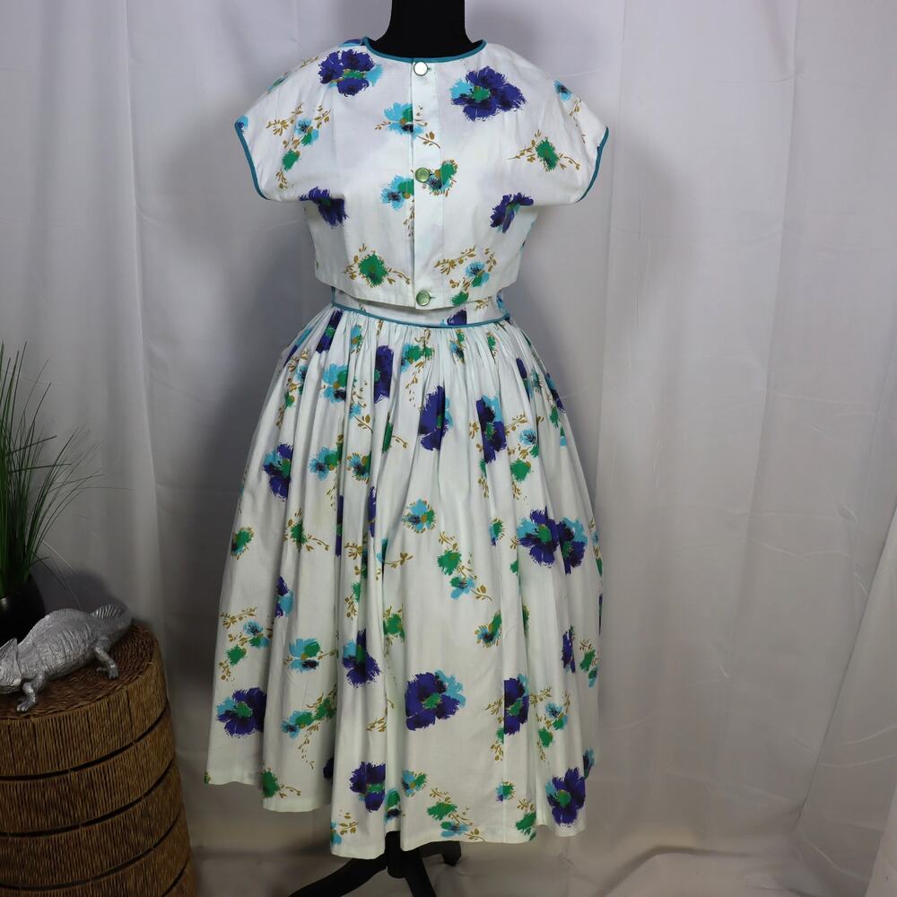 Vintage 1950s Floral‎ Cotton Dress Set w Bolero Jacket Handmade